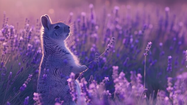 A serene viscacha enjoying the tranquil surroundings in a vibrant purple lavender field during a stunning sunset. sniffing the air. 