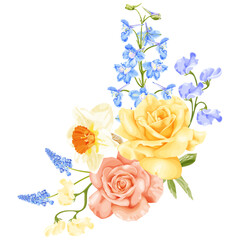 Spring bouquet with yellow and pink rose, narcissus, blue delphinium flower, hyacinth and sweet pea.