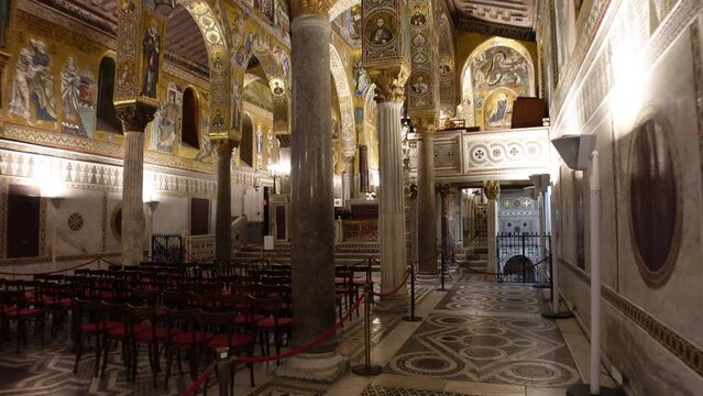 Walking through Palatine Chapel inside Normal Palace in Palermo, an important historic building in Palermo's old city, Italy

