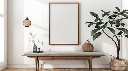 A mockup poster blank frame hanging on a retro buffet, above a contemporary bench, foyer, Scandinavian style interior design