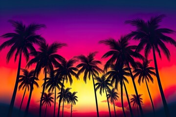 Obraz premium Silhouette of palm tree Panorama of sunset of tropical coastline Purple sunset with clouds Violet sunset 
