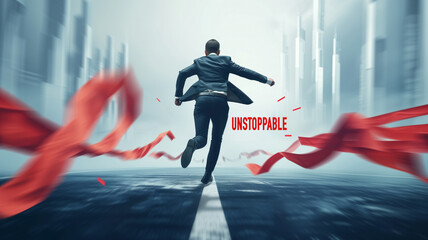 successful businessman crossing finish line during race - 740716271