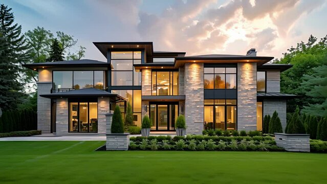 A perfect blend of traditional and contemporary elements this home showcases a textured facade with its use of dark wood shingles smooth stone and geometric 3D tiles creating