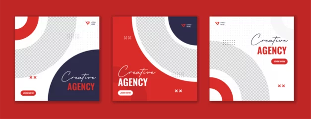 Fotobehang Red minimal corporate social media post design. Creative round shape business square template bundle © VectPalette