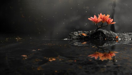 Still black wallpaper. Red flowers on black background with water drops and copy space for your text - Powered by Adobe