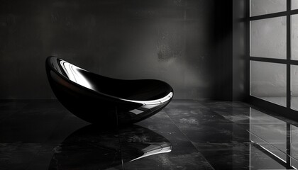 Black wallpaper. Modern black modern chair in a dark room, black background, minimal. 3D illustration