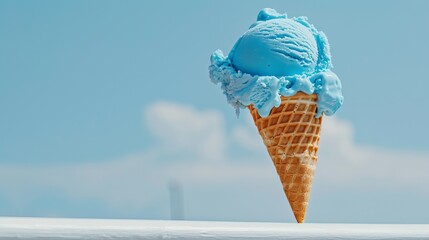 Delicious waffle cone with melting blue ice cream set on a white railing under a clear, brilliant...