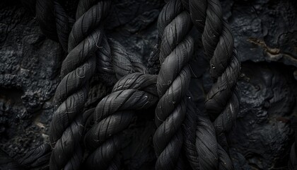 Black rope on the black coal background. Close-up photo. - obrazy, fototapety, plakaty