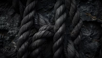 Foto op Aluminium Black rope on the black coal background. Close-up photo. © Katsiaryna