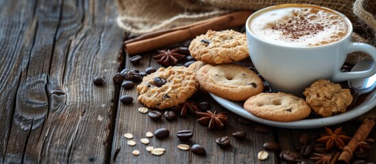 A plate with a cup of coffee and cookies sitting on a wooden table, perfect for a cozy snack time