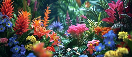 An array of vibrant flowers is blooming in a garden, adding color and beauty to the natural...