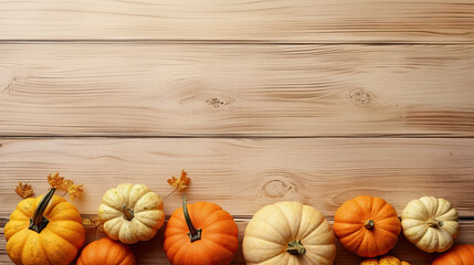 A group of pumpkins with dried autumn leaves and twigs, on a beige color wood boards