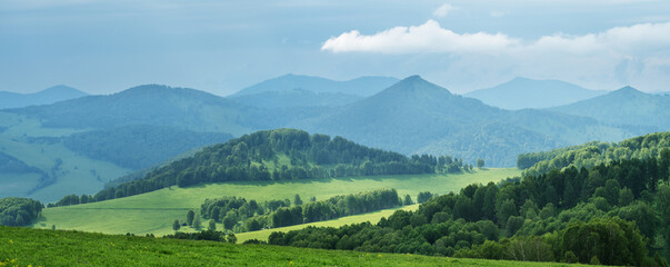 Mountains and hills in stormy weather, contrasting light, summer greenery of forests and meadows,...