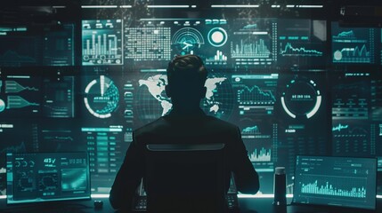 Man Operating Metaverse Digital Cyber World Technology Concept with Virtual Digital Stock Dashboard
