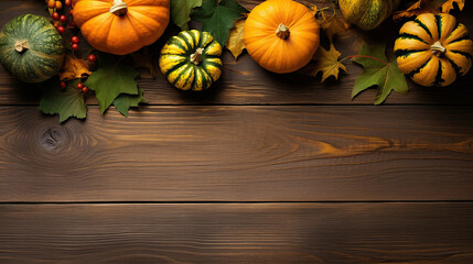 A group of pumpkins with dried autumn leaves and twigs, on a olive green color wood boards
