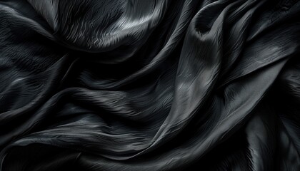 Closeup of rippled black satin fabric, textile, black background