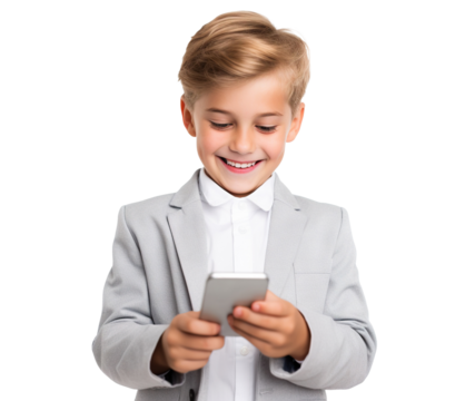 Happy young boy holding cellphone, cut out