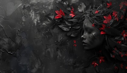 Abstract black background, 3d rendering of a black woman with red flowers on black textured background - obrazy, fototapety, plakaty