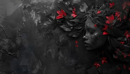 Tuinposter Abstract black background, 3d rendering of a black woman with red flowers on black textured background © Katsiaryna