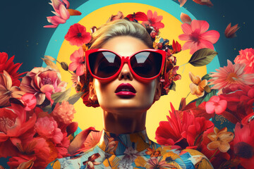 Portrait of fashionable blonde woman female person with oversized red sunglasses on floral...