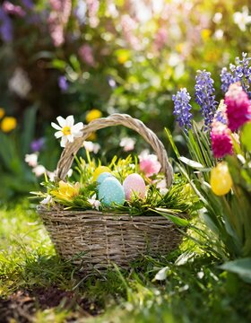 Osterkorb steht im Garten - Blumen und Wiesen zieren das Bild