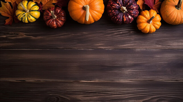 A group of pumpkins with dried autumn leaves and twigs, on a dark red color wood boards