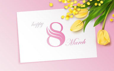 March 8 international women's day greeting card with mimosa branch and bouquet of tulips. Beautiful spring background. Vector illustration