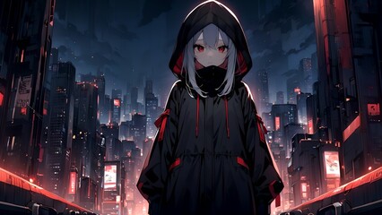 Cute but sad, anime girl against the background of the city, anime wallpaper