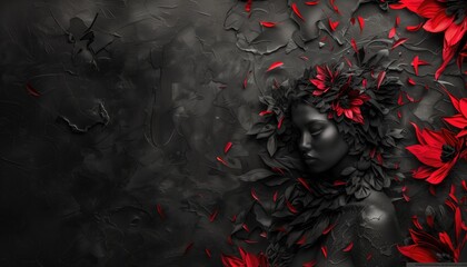 Black background. Beautiful woman face with red flowers on dark background. 3d.