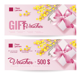 Gift Voucher Coupon discount for Happy Valentine's day, Mother`s day and 8 march Woman`s day celebration with gift box and mimosa. Vector illustration