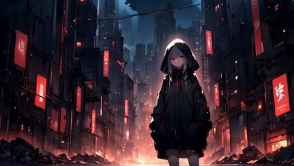 Cute but sad anime girl with city background, digital art, illustration, anime wallpaper