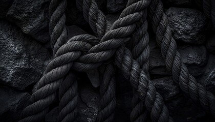 Black rope on the black coal background. Close-up photo. Black background - obrazy, fototapety, plakaty