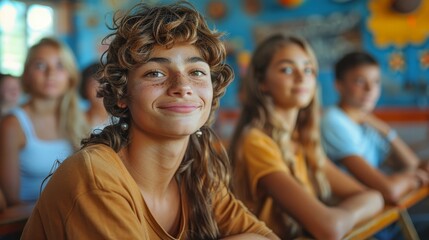 Fototapeta premium Happy multiracial students studying in the classroom Young students taking exams in class,