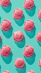 Summer sweetness in rows strawberry ice cream on turquoise delight, pattern summer minimalism isometric flat lay background