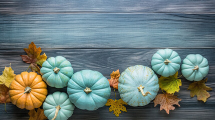 A group of pumpkins with dried autumn leaves and twigs, on a light cyan color wood boards