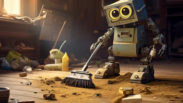 Tiny cute robot cleaning the house