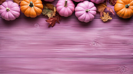 A group of pumpkins with dried autumn leaves and twigs, on a light magenta color wood boards