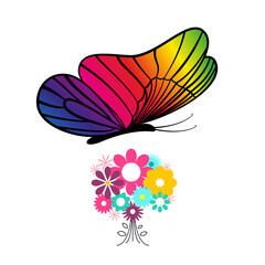 Colorful butterfly flying above bouquet - vector