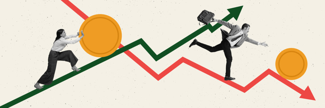 Banner. Increases and decreases. Woman moves her coins go up on chart and man try to catch up money going down over chart. Concept of business and finance, financial literacy, investment strategies.