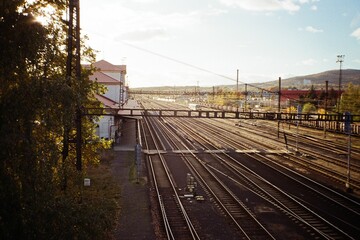 Chomutov train station in Czechia on 6. November  2023 on film photo - blurriness and noise of...