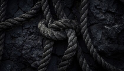 Black background. Rope knot on the black coal background. Close-up. - obrazy, fototapety, plakaty