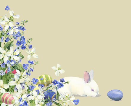 Watercolor picture for Easter with a rabbit and flowers
