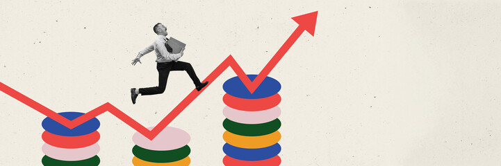 Contemporary art collage. Motivated young man in monochrome going up over chart stands on stack of...