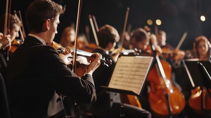 Professional symphonic orchestra performing on stage and playing a classical music concert - Powered by Adobe