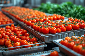 automatic working process of production of whole tomato fruits on assembly line to canned food on vegetable factory, conveyor belt - obrazy, fototapety, plakaty