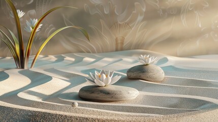 sand, lily and spa stones in zen garden