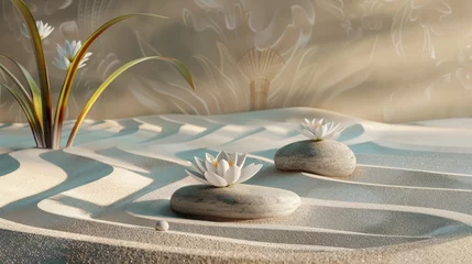 Papier Peint photo autocollant Pierres dans le sable sand, lily and spa stones in zen garden