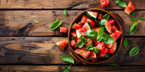 Bowl with delicious watermelon salad on wooden table, ai technology - obrazy, fototapety, plakaty