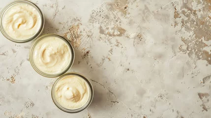 Foto op Canvas Two portions of fresh natural homemade organic yogurt in a glass jar on a light slate background. © buraratn