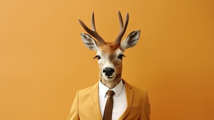 Anthropomorphic deer in formal suit at corporate workplace studio shot with copy space